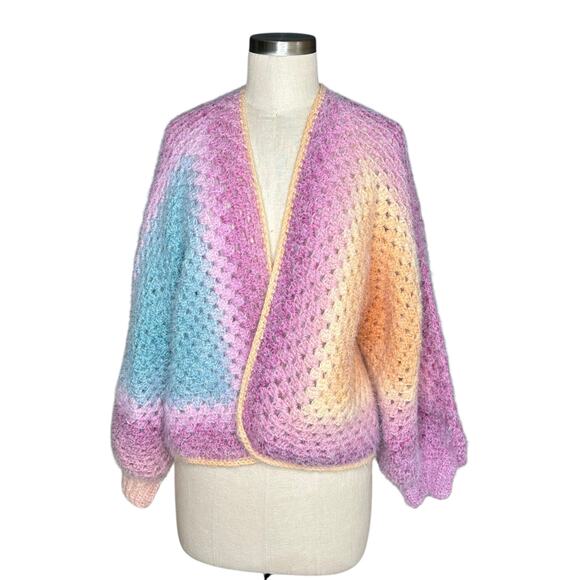HANDMADE Hand Knit Crochet Colorful Pastel Colorblock Granny Cardigan Sweater - Picture 1 of 5
